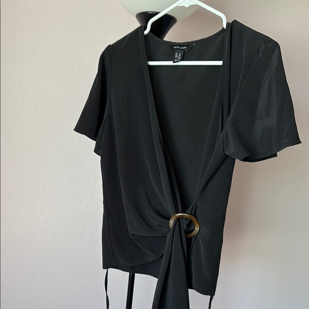 Black Wrap Blouse with Ring Accent